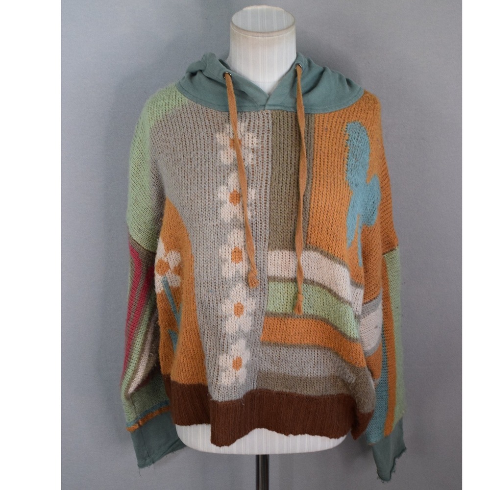 Natural Life Dreamer Knit Hoodie L/XL Patchwork Intarsia Boho Women Sweater